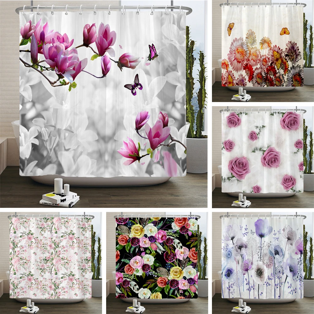 Beautiful Flowers Printed Shower Curtain Waterproof Polyester Curtain With Hook Decoration Bathroom Curtain 3D Shower Curtains