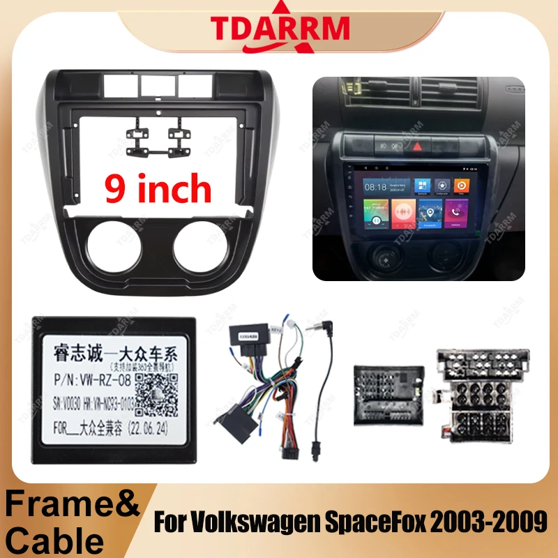 For Volkswagen SpaceFox2003-2009 9inch Black Car Radio Face Frame Fascia Stereo Panel Mounting Head Unit Canbus Cable Trim Bezel