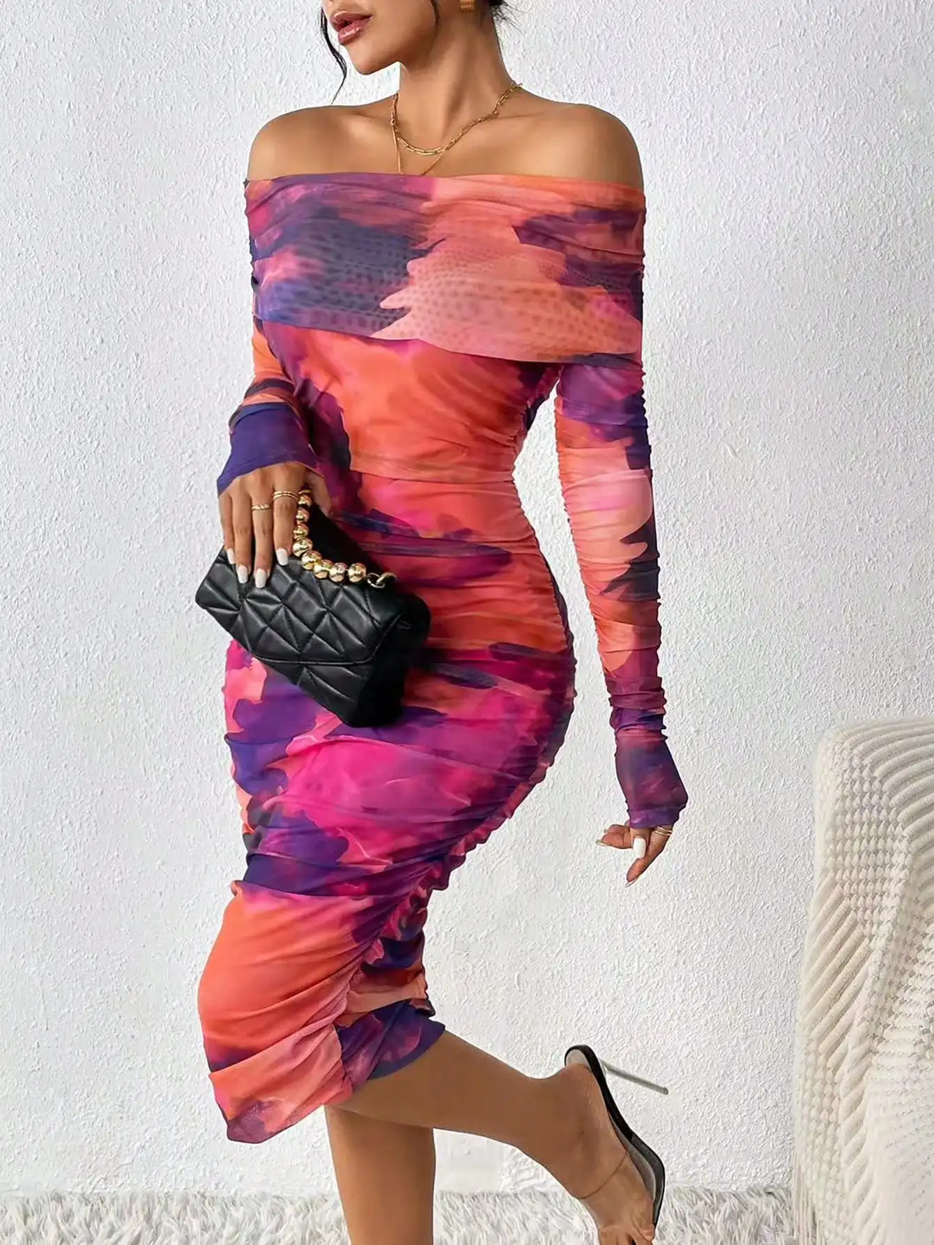 Privé Tie Dye Off Shoulder Ruched Bodycon Dress