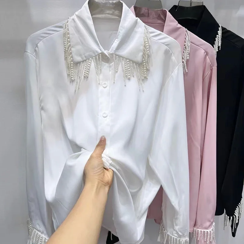 High Quality Imitation Pearl Tassel Decorated Lapel Fashionable Elegant Casual Long-sleeved Top Stylish Trendy Slim White Shirt