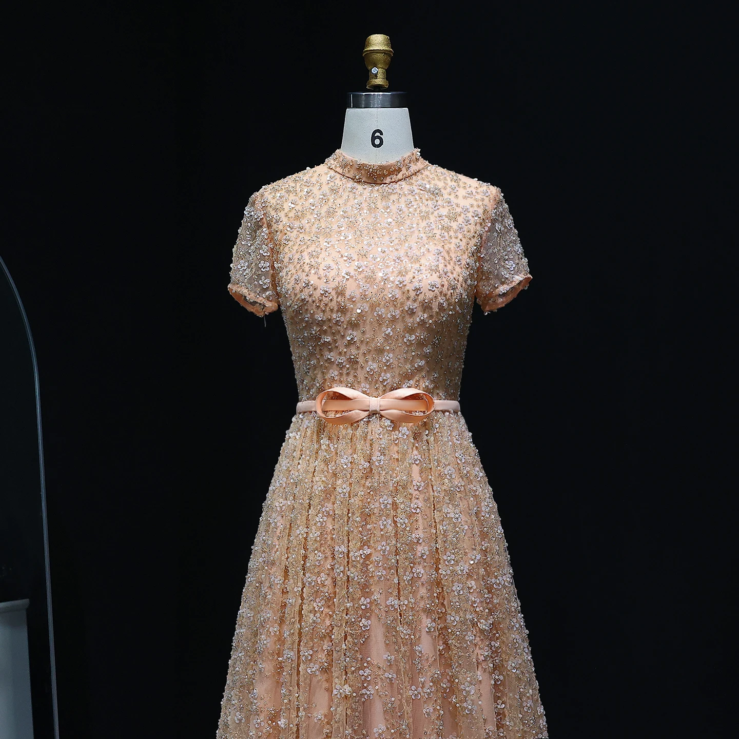 Sharon Said Elegant Embroidered Peach Evening Gown with Bow Luxury Beaded Arabic Women Wedding Party Dress SS304 Customized
