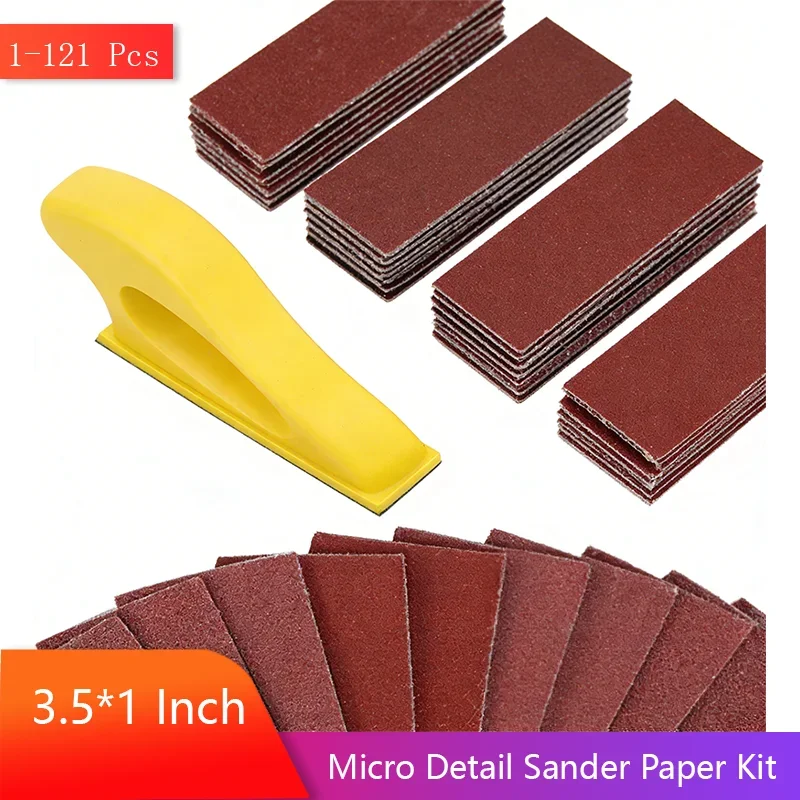3.5*1Inch Micro Detail Sandpaper Kit 60-2000 Grit 1-121Pcs Hand Sanding Block with Hook Loop Sanding Strips for Craft Wood Metal