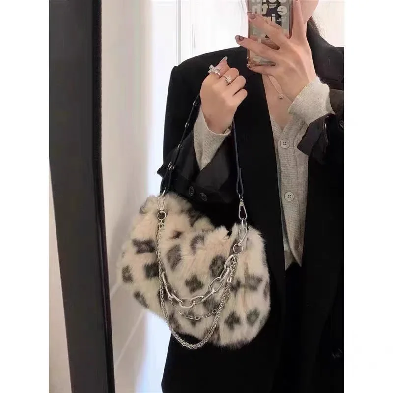 Fashion Leopard Handbag Y2K Punk Bags Plush Versatile Daily Crossbody Bag Message Tote Bags