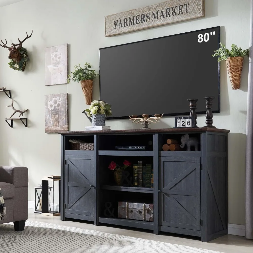 TV-Ständer für Fernseher bis zu 80 Zoll, 39 "hohes Highboy-Unterhaltung zentrum mit Scheunentor, Holz-TV-Konsolen schrank mit verstellbaren Regalen