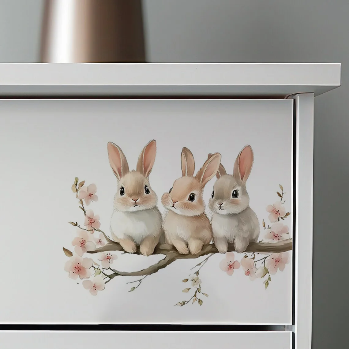 MT1093# Art Deco Bunny Wall Stickers with Pink Flowers, Self-Adhesive Animal Themed Decor for Living Room, Bedroom
