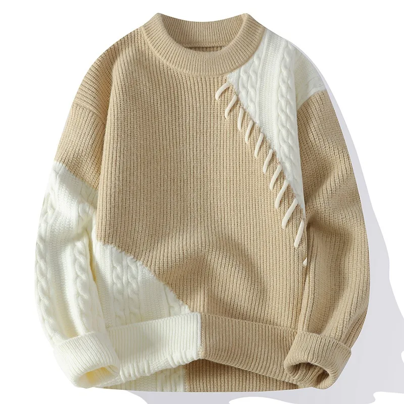 Contrasting Color Crew Neck Pullover Sweater Men's Spring Autumn Winter New Knitted Loose Casual Long-sleeved Bottoming