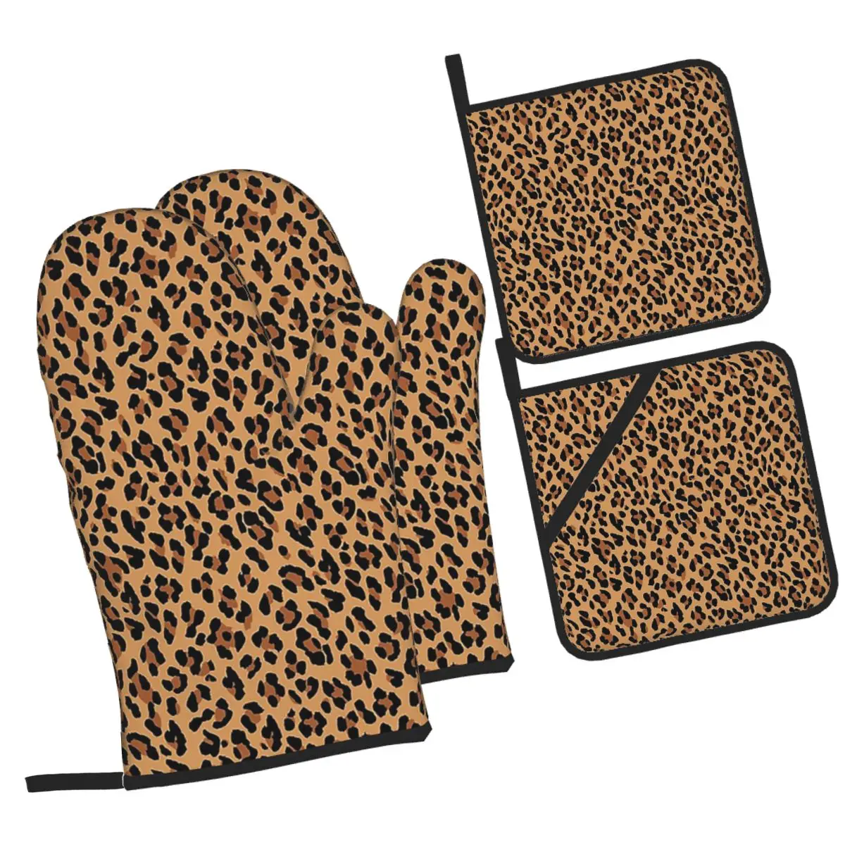 Tan Leopard Print Oven Mitts and Pot Holder Sets of 4 for Baking Kitchen Cooking BBQ Resistant Non-Slip Gloves