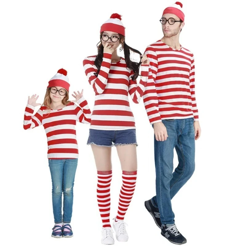 Dessin animé Parent-enfant où est Wally Waldo Costume Waldo livre semaine Cosplay tenue chemise à rayures chapeau lunettes tenue de noël