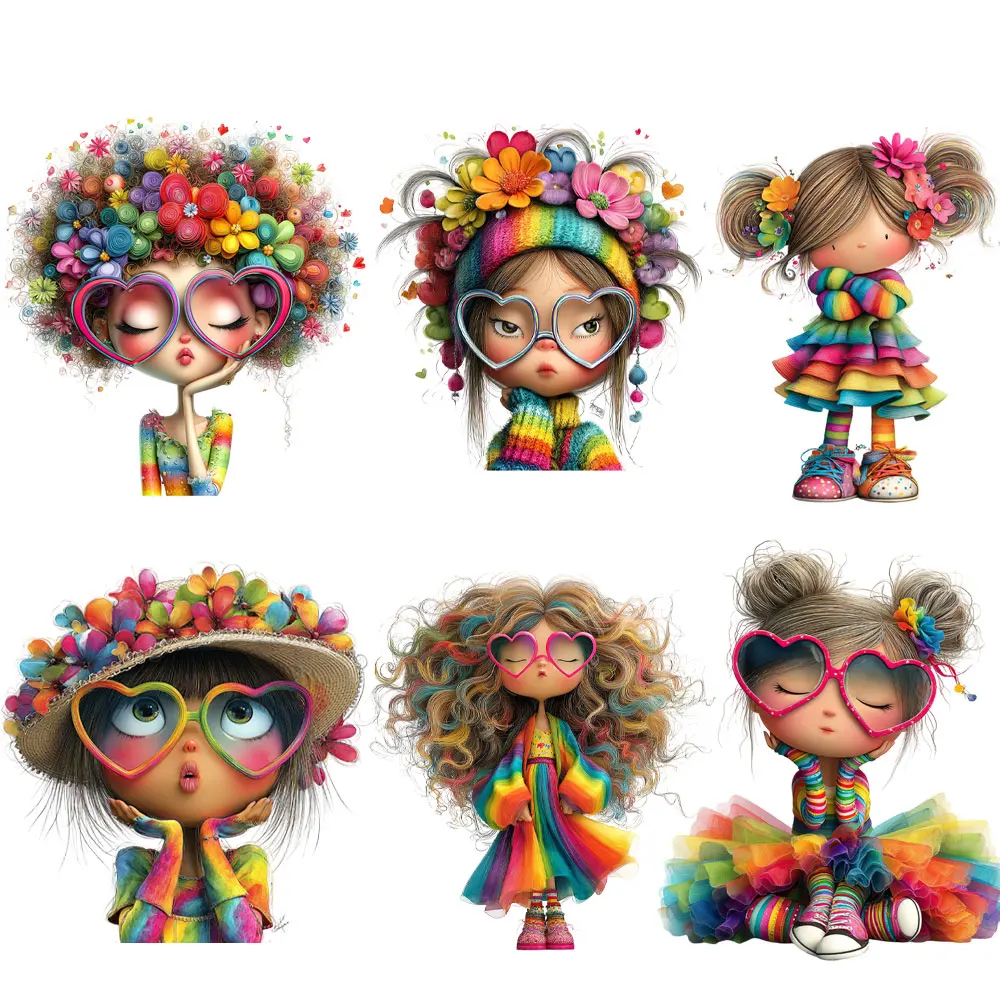 Cute Colorful Hippie Girls Iron On Transfers Rainbow Flower Heart Sunglasses Heat Transfer Stickers DTF Transfers for Kids Cloth