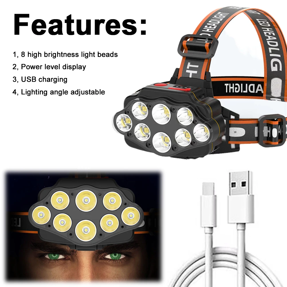 8LED ไฟฉายหัวที่มีประสิทธิภาพ USB ชาร์จโคมไฟหัวสว่างสูง 2400mAh Camping ค้นหาแสงสําหรับเดินป่าตั้งแคมป์กลางแจ้ง