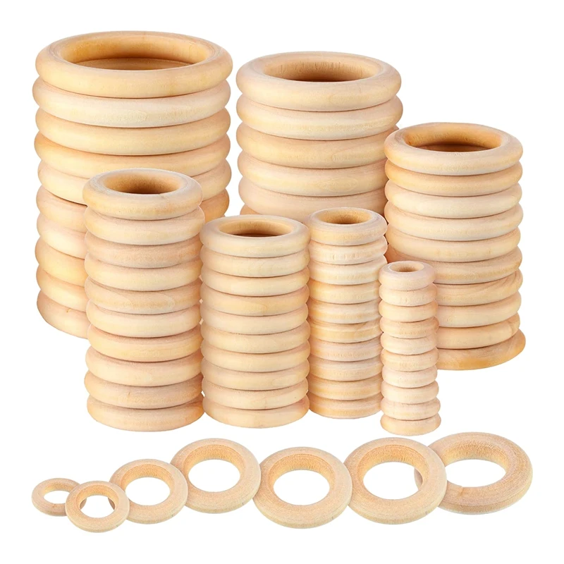 100Pcs Natural Wood Rings Set, Unfinished Macrame Wooden Ring, Wood Circles For DIY Craft, Ring Pendant Jewelry Making