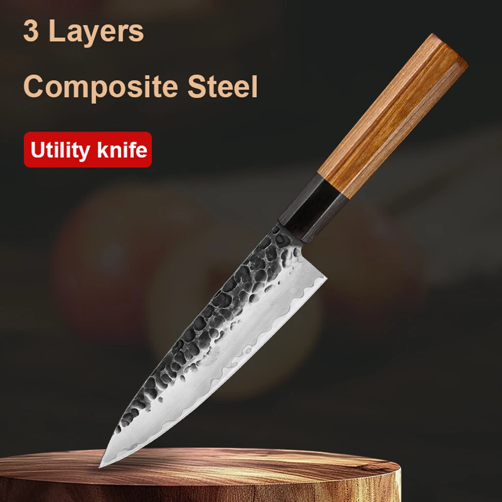 

5.5' inch Japanese Petty Knife 3 Layers Composite Steel Chef Kitchen Utility Knife Cooking Tool Paring Knife Rosewood Handle