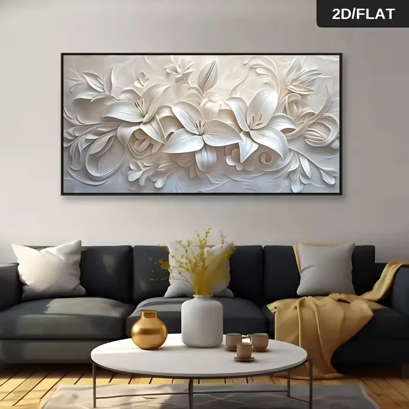 2D Flat, 2D Flat, [2D Flat]1pc 23.62*47.24In/60Cm*120Cm Frameless Modern Abstract Retro White Minimalist Lily Flower Canvas Pain
