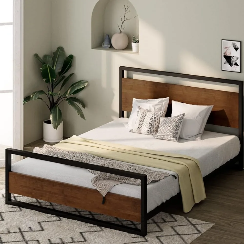 ZINUS Suzanne Bamboo and Metal Platform Bed Frame with Footboard / Wood Slat Support / No Box Spring Needed / Easy Assembly