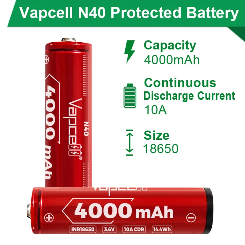 Höchste Kapazität 4000 geschützte Batterie vapcell n40 inr 3,6 mah 10a pcb v wiederauf ladbare Batterie zelle für Taschenlampe