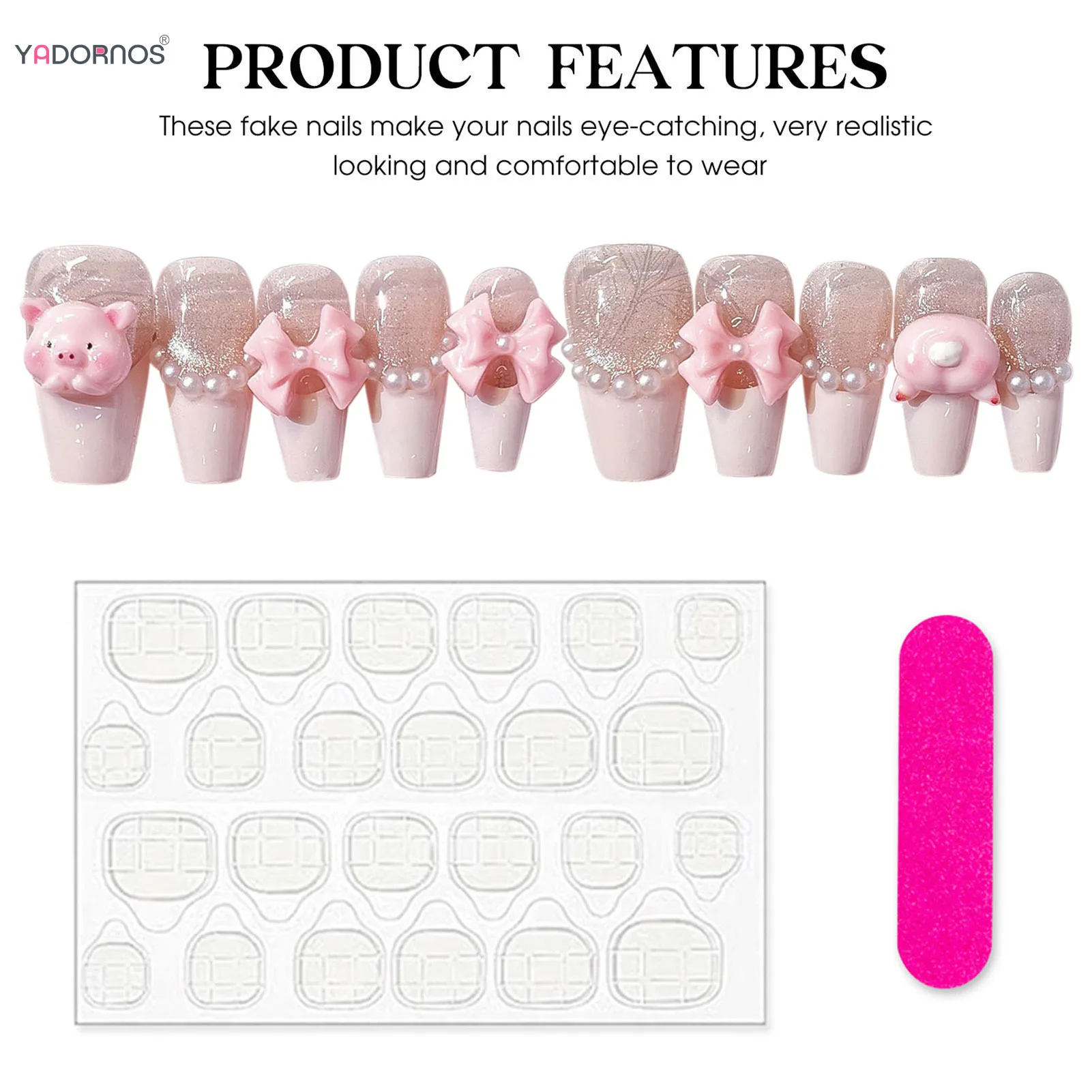أظافر اصطناعية ثلاثية الأبعاد تشبه الخنازير ، غطاء كامل ، مصنوع يدويًا ، لمعان ، على الطراز الفرنسي ، تصميم اللؤلؤ ، لامع ، للمانيكير