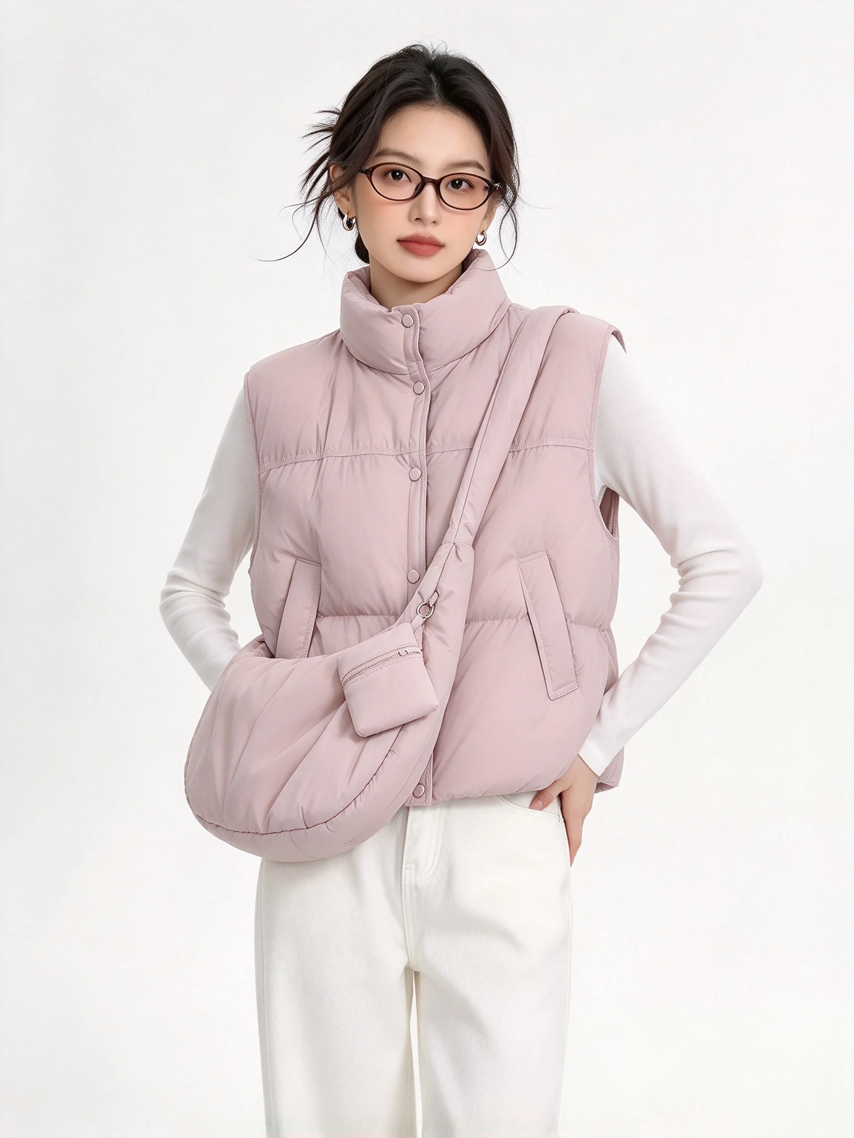 Lightweight Short Padded Vest Korean Style Loose Fit Warmth Duck down Jacket Stand Collar Outerwear Layering Women's Coat