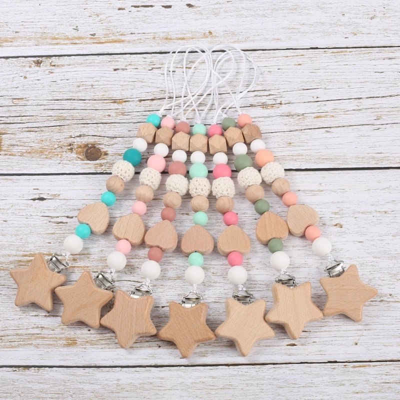 Wooden Pentagram Baby Pacifier Holder Clip Wood Crochet Bead Silicone Soother Teething Chain Nursing Chew Toy Baby Dummy Chain