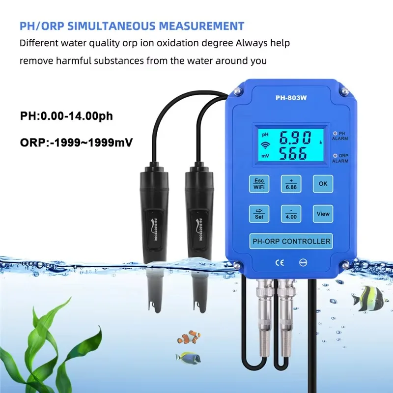 Digital 2&1 PH ORP Monitor Redox Controller w/ Output Power Relay for Aquarium Hydroponics Plant Pool Spa BNC Replaceable probe