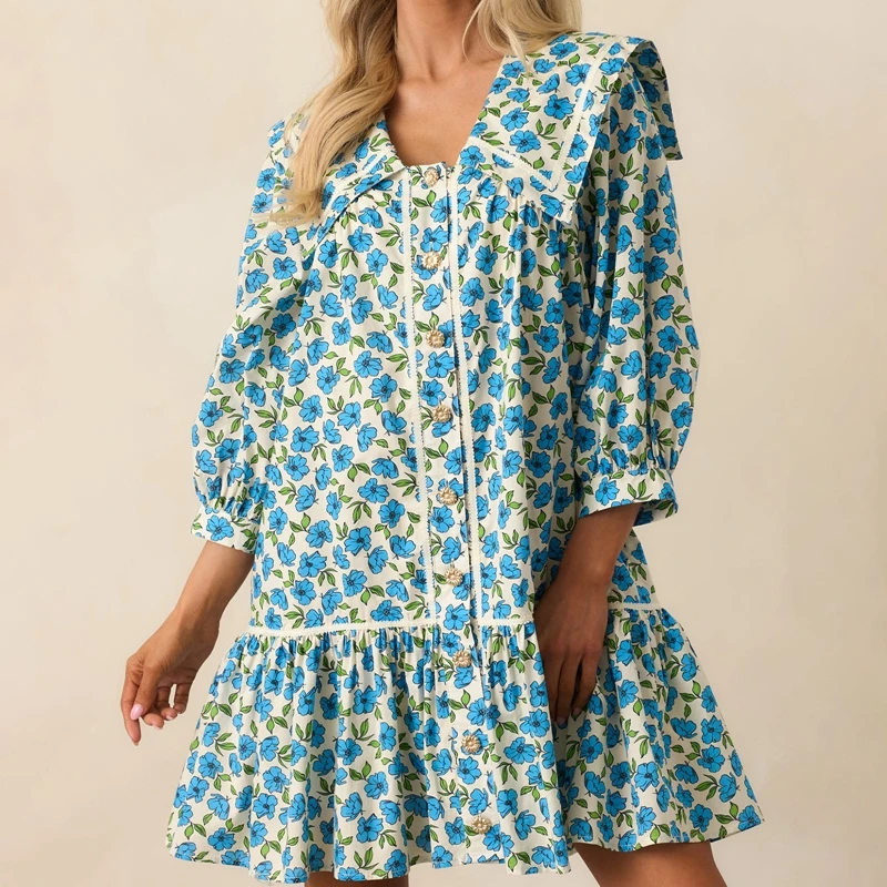 Abito corto da donna Boho floreale a trapezio Abito da babydoll fluido con maniche a sbuffo vintage Abiti a camicia smock Mini vestito estivo bohémien