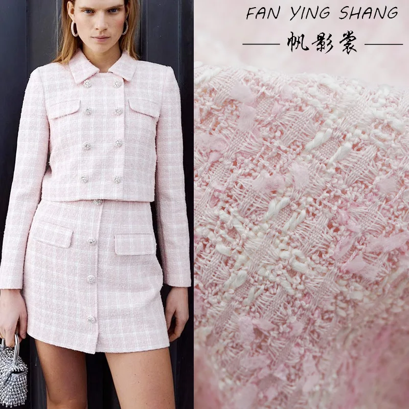 

Клетчатая твидовая ткань для пальто, шитья тканей за двором, розовая и белая, тканевые изделия, шитье тканей за двором