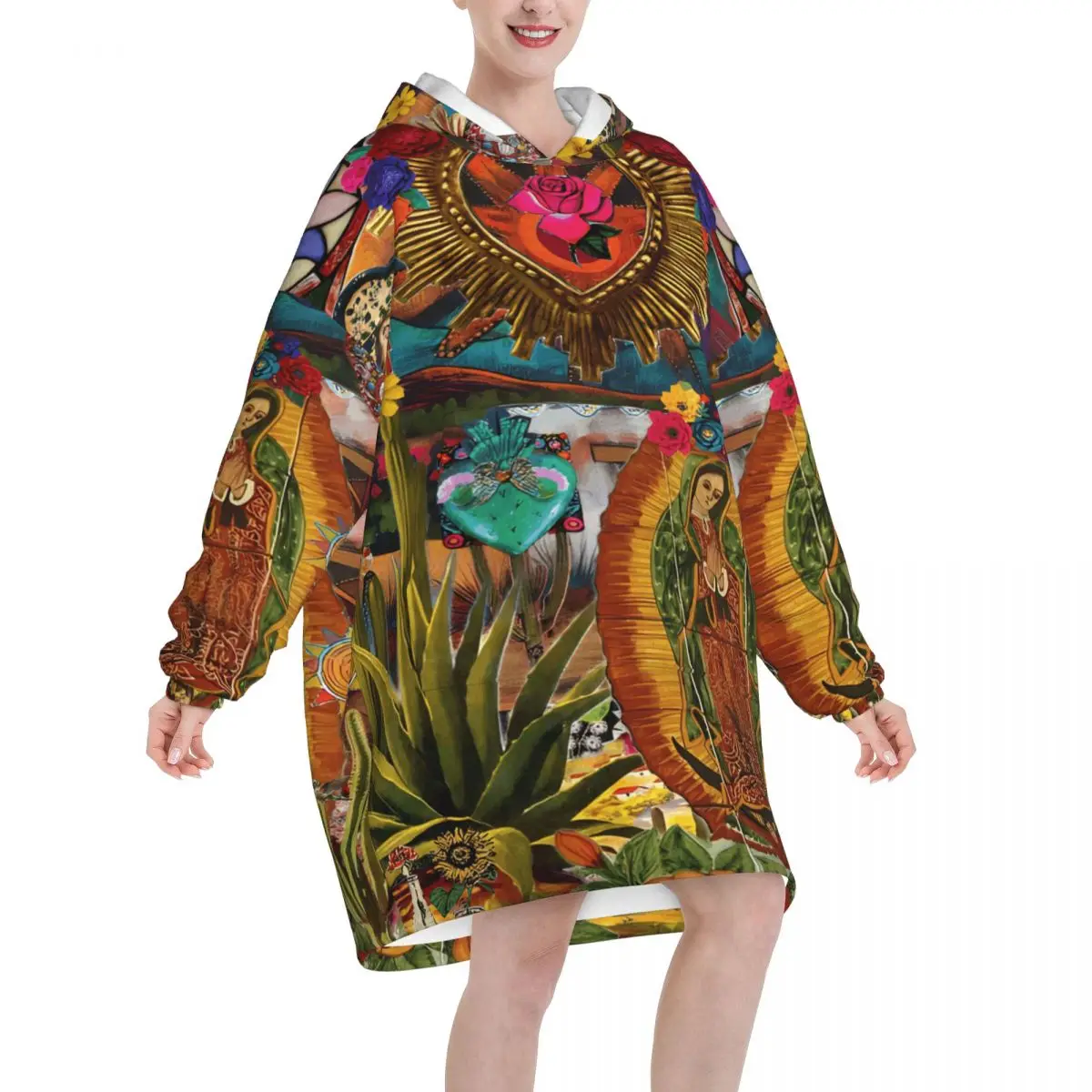 Virgin Our Lady Of Guadalupe Mexican Wearable Blanket Hoodie Warm Cozy Large Blanket Sweatshirt Thick Fleece Hooded Blanket