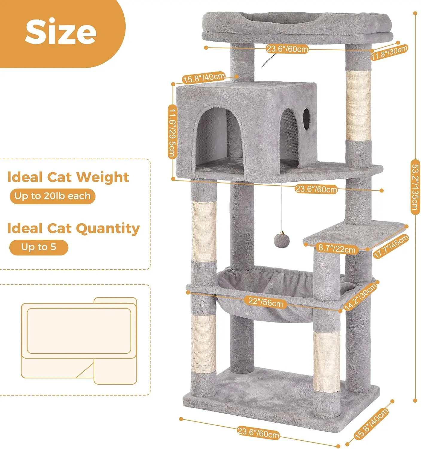 53”Cat Tree with Hammock & Extra Large Bed 23x12” for Large Cats | Adult Cat Tower with Enlarged Hammock, Spacious Condo, 23x12”