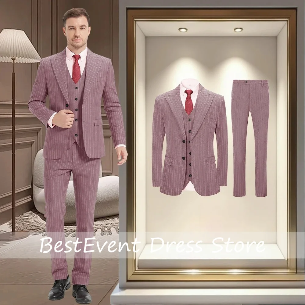 Men's 3-piece Vertical Striped Suit - Double Button Jacket Vest Pants Pink Suitable for Wedding Business Daily Wear Customized