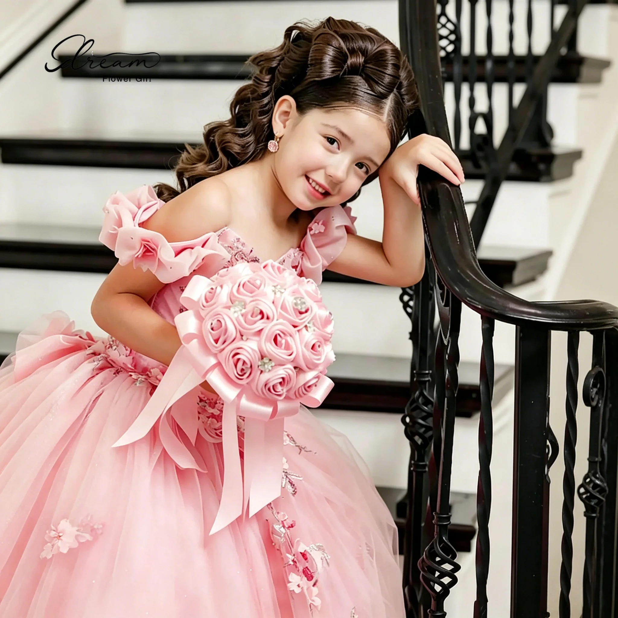 Pink off-the-shoulder sleeveless floor-length formal ball gown for girls, featuring exquisite embroidered appliqués