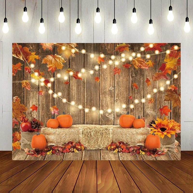 Fall Pumpkin Photography Backdrop Autumn Thanksgiving Hay Leaves Wooden Background Sunflower Baby Shower Banner Decor Party Pro