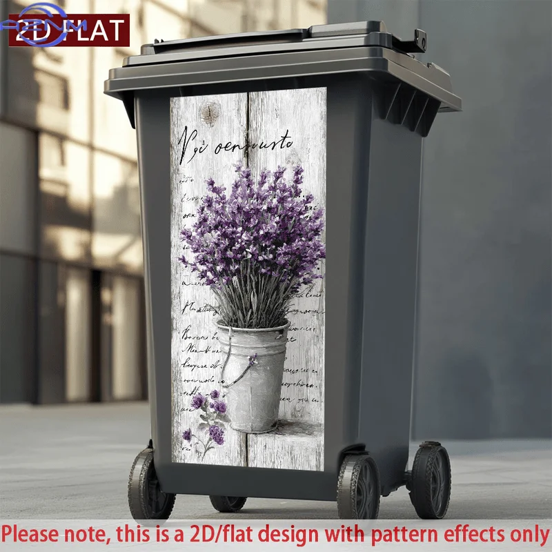 A Single Piece of Lavender Flower Bucket Design Sticker for Trash Cans, Made of PVC. This Self-Adhesive Decorative Sticker Is