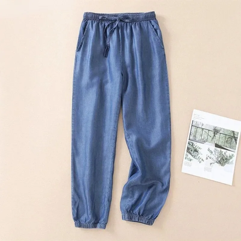 

Drawstring Thin Baggy Jeans Elastic High Waist Jogger Denim Pants Streetwear Pantalones Casual Vaquero Women Capris J214