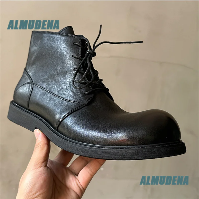 Men's Round Toe Ankle Boots Lace Up Soft Leather Chunky Flat Casual Boots New In Autumn Stylish Men's Boots