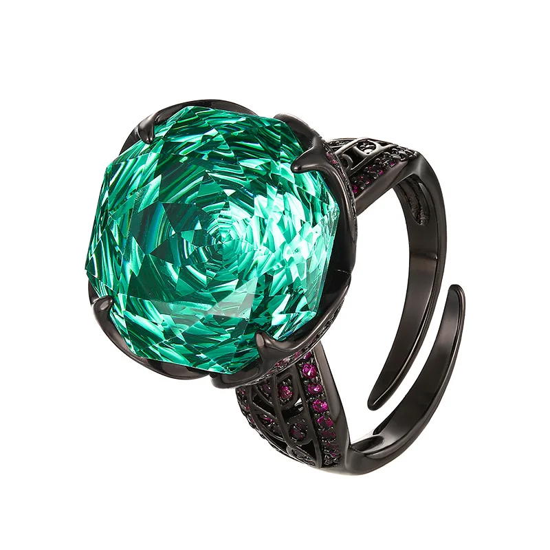 

Adjustable Vintage Octagon Cut Green Pink Clear Cubic Zirconia Ring Black Gold Plated Statement Ring for Women Fashion Jewelry