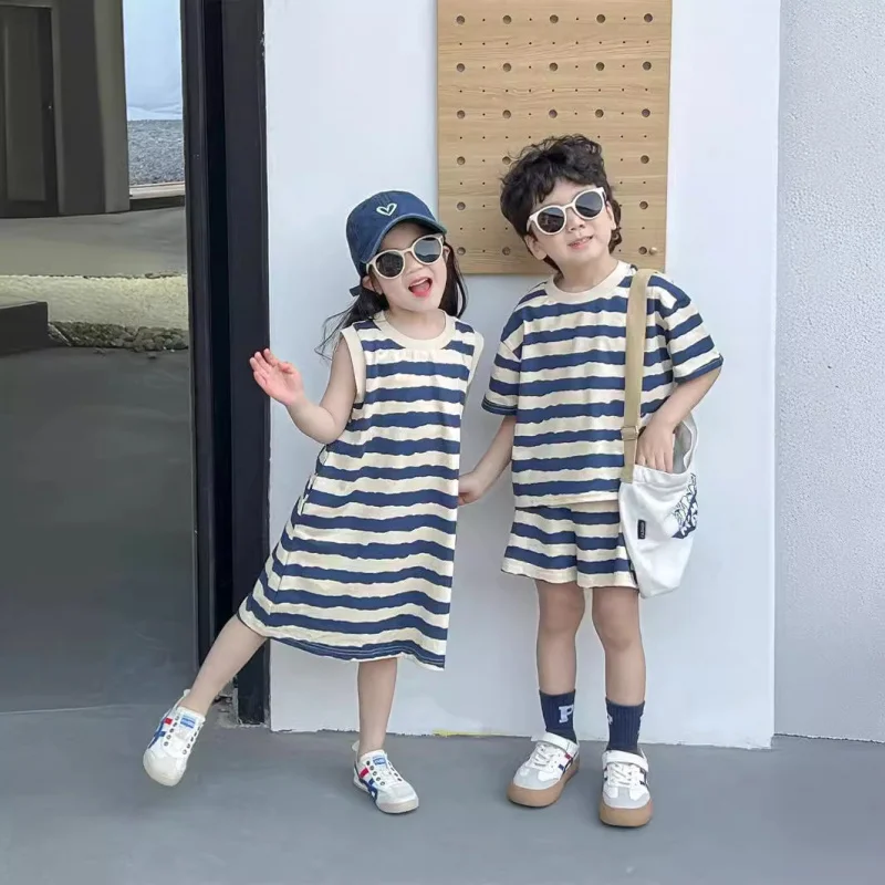 

2026New summer style girls' striped sleeveless dress and stylish boys' short-sleeve two-piece sister and brother set