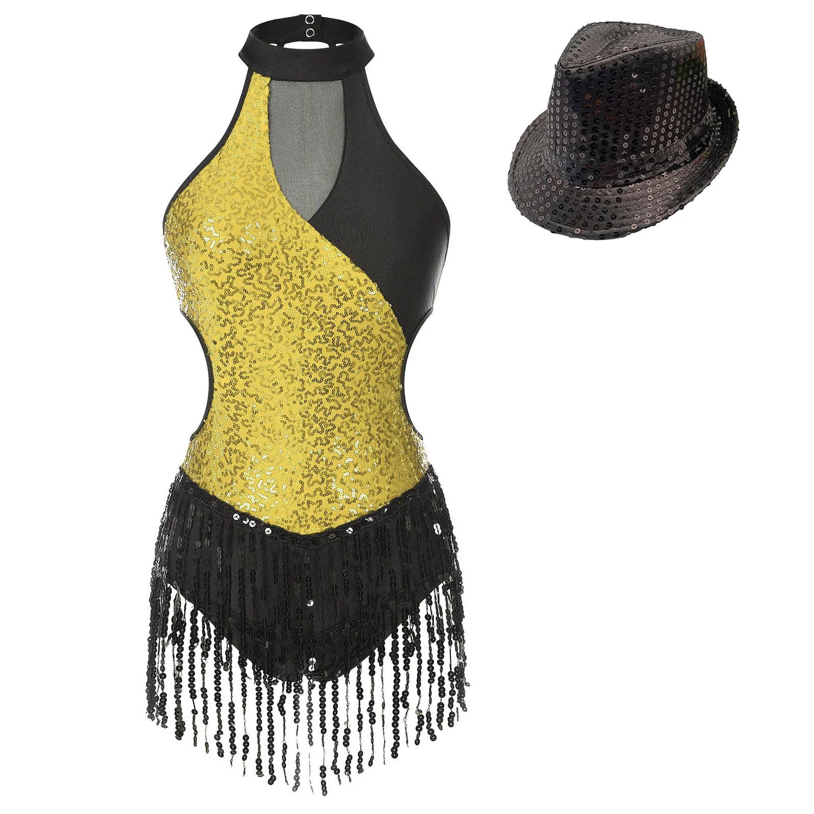 Womens Sleeveless Latin Dance Bodysuit Tassel Patchwork Sparkling Sequin Fringed Leotard with Hat Cha-Cha Performance Costume