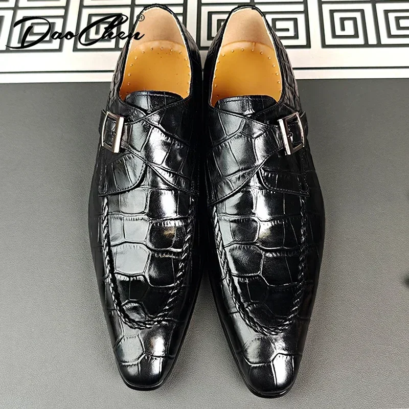 LUXURY MEN LEATHER SHOES SLIP-ON BLACK CROCODILE PRINT MONK STRAP LOAFERS MENS DRESS SHOES WEDDING OFFICE SHOES FOR MEN