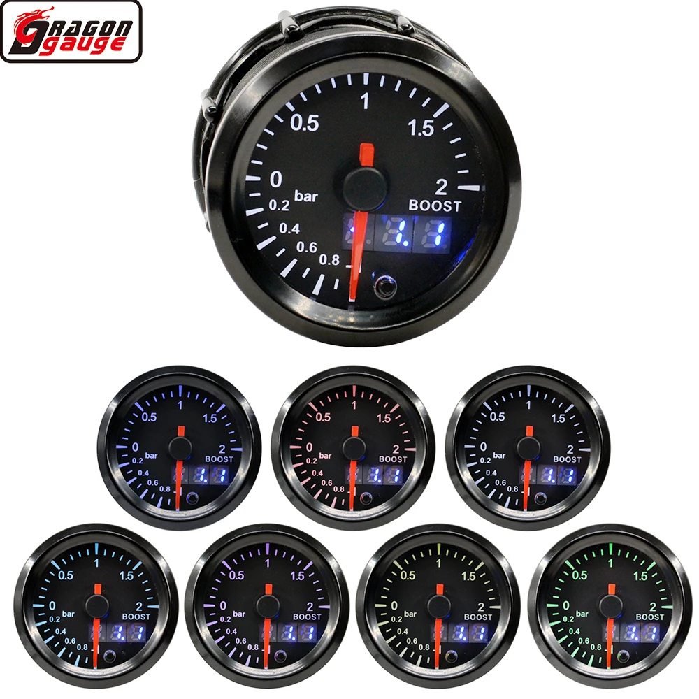 

52mm High Speed Stepper Motor 7 Colors Light Dual Display Racing Car Turbine Boost Gauge -1~2 Bar Meter Instrument