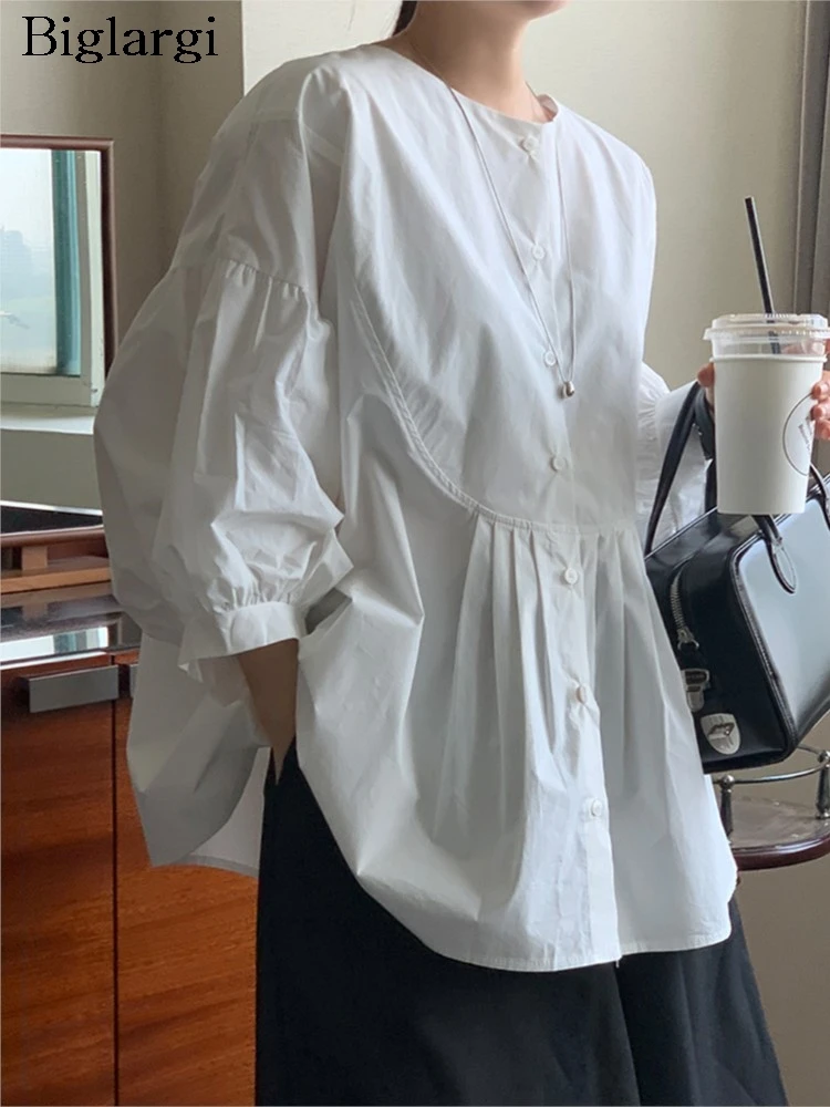 

Summer Shirts Women Irregular Ruffle Pleated Patchwork Fashion Ladies Blouses Korean Style Loose Long Sleeve Woman Shirt