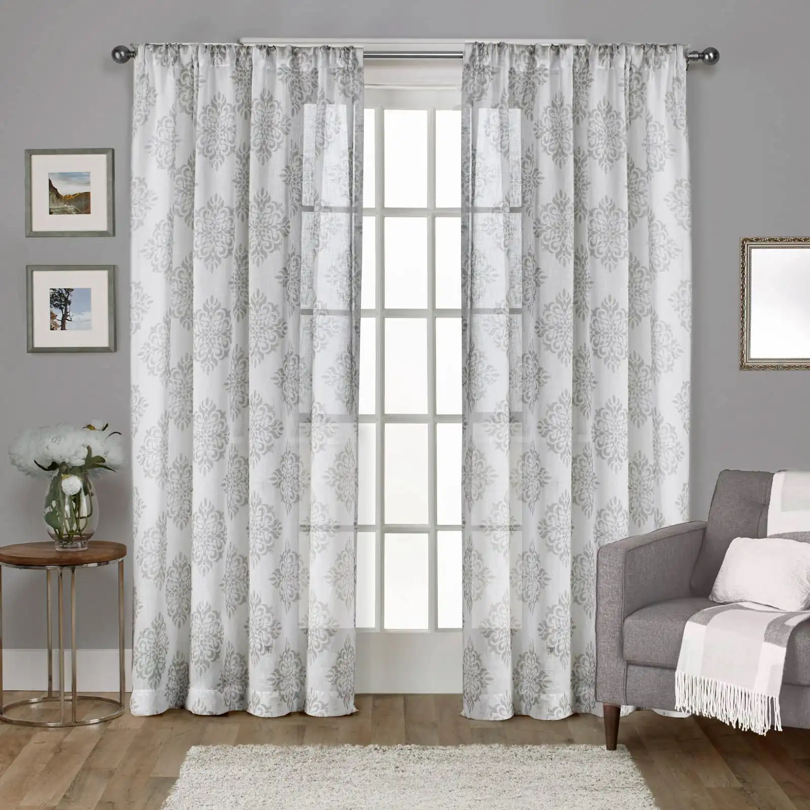 

Nagano Medallion Belgian Linen Rod Pocket Curtain Panel Pair, 54X96, Dove Grey
