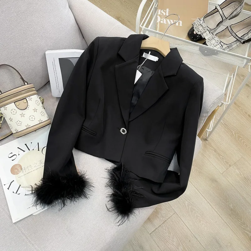 

Heavy Industry Feather Tassel Splice Short Suit Coat Women's Spring Autumn 2023 New Western Style Blazers