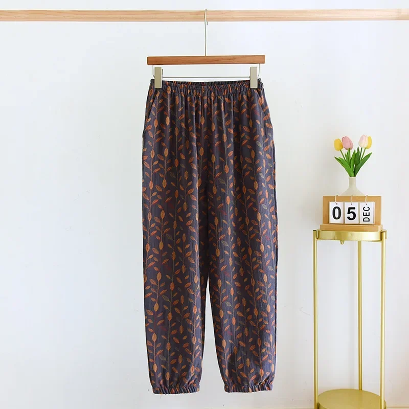 2024 Spring/Summer New Women\'s Pants 100% Cotton Sleeping Pants Women\'s Flower Comfortable Loose Fit Large Home Pants Thin