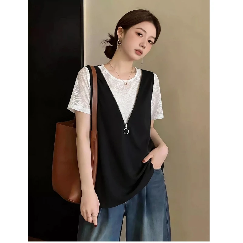 Zipper Patchwork Loose Contrast Patchwork Lazy T Shirts Summer Short Sleeve Fake Two Trend Tops Korean Fashion Women Clothing