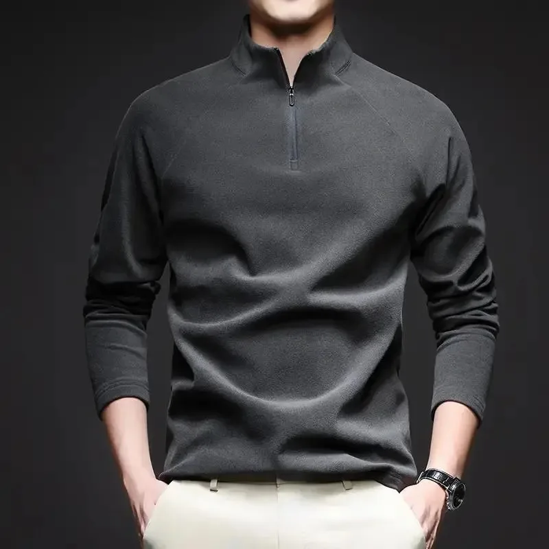 Men Stand Collar Half Zip Double Sided Dralon Long Sleeve Top Spring Autumn Warm Casual Base Shirt