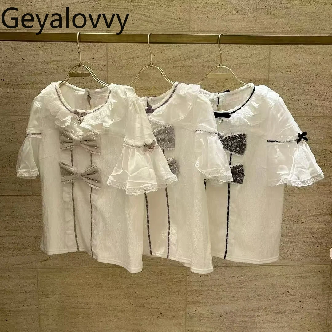 

Japanese Style Liz Cute Diamond Button Bowknot Pearl Beaded Round Neck Shirt Summer Sweet Girls Versatile Short Sleeve Tops