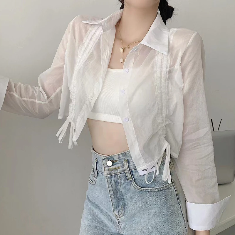 

White Shirts Women Literary Simple Sun-proof Thin Summer Hotsweet Sheer Female Graceful Korean Style Loose Breathable All-match