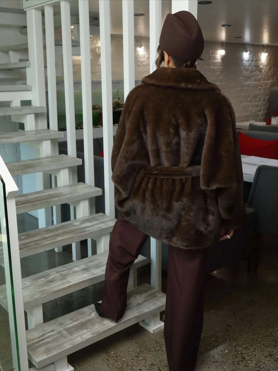 Winter High Quality Mink Faux Fur Coat Women Elegant Belted Wrap Jacket Warm Fluffy Overcoat Ladies Luxury Fur Jacket Outerwear