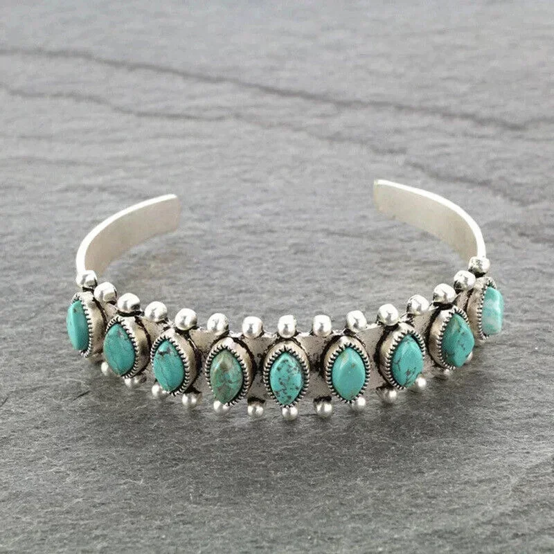 Vintage Turquoises Jewelry Imitation Natural Stone Bracelets Elegant Open Adjustable Cuff Bangles for Women Men Party Jewelry