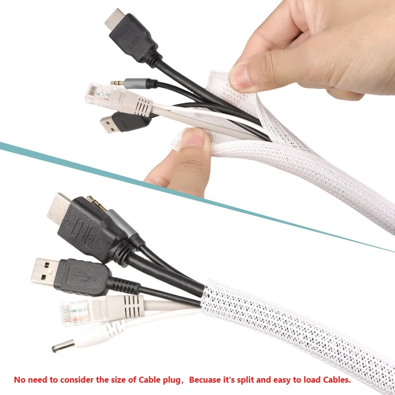 흰색 자체 폐쇄 케이블 슬리브 3 5 8 10 13 16 19 25mm PET 브레이드 절연 USB 와이어 전원 코드 높은 보호 분할 슬리브