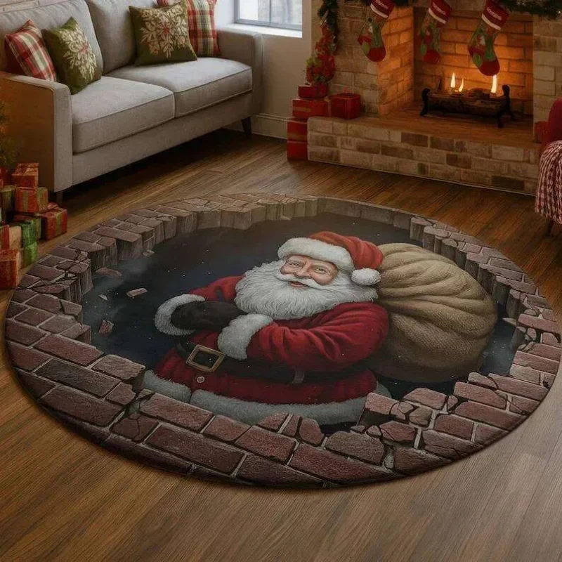 VIKAMA 3D Visual Illusion Santa Claus Circular Carpet Washable Anti-Slip Living Room Sofa Mat Bedroom Carpet Home Decoration